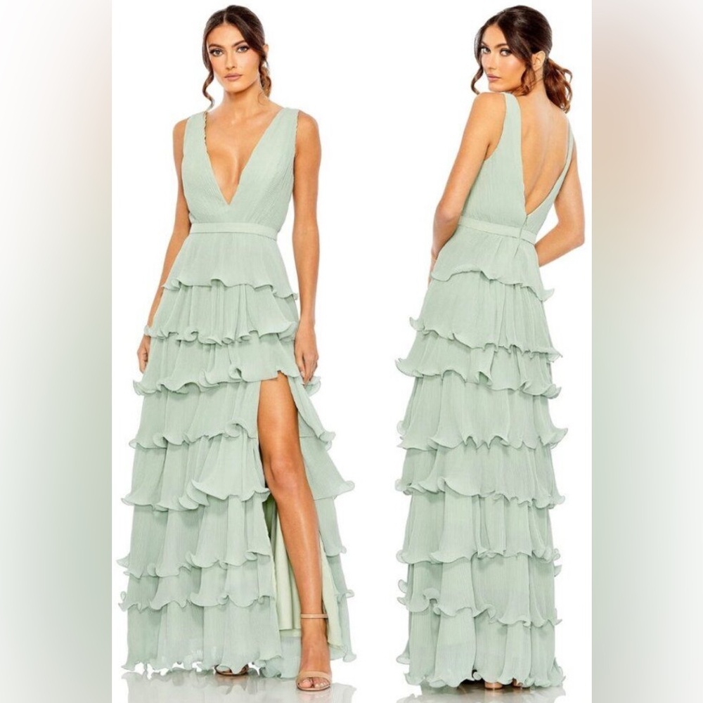 Mac Duggal 49054 Size 10 Sage Green Sleeveless Ruffle Tiered V-Neck Gown Dress